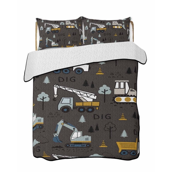 Full Size Quilt Bedding Set, Cartoon Tractor Reversible Summer Quilt 3 Pieces, Cute Grey Digger Shovel Truck Car Black Lightweight Bedspreads Coverlets with 2 Pillow Shams for All Seasons