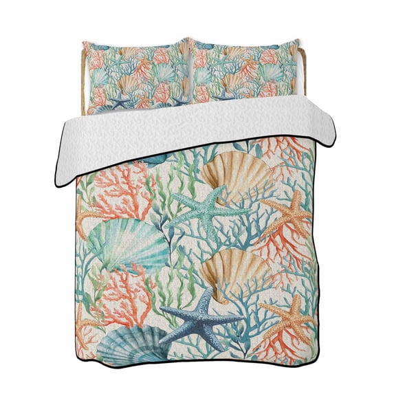 Full Size Quilt Bedding Set, Coastal Beach Reversible Summer Quilt 3 Pieces, Nautical Summer Coral Starfish Shell Lightweight Bedspreads Coverlets with 2 Pillow Shams for All Seasons