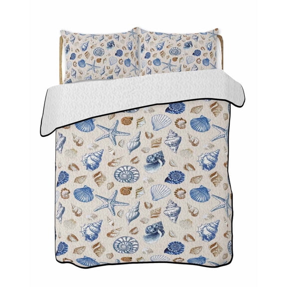 Full Size Quilt Bedding Set, Coastal Beach Reversible Summer Quilt 3 Pieces, Summer Shell Conch Starfish Ocean Rustic Lightweight Bedspreads Coverlets with 2 Pillow Shams for All Seasons