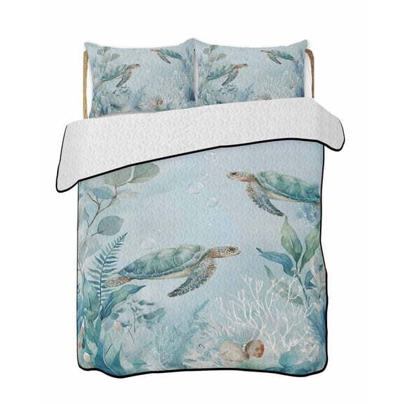 Full Size Quilt Bedding Set, Coastal Turtle Reversible Summer Quilt 3 Pieces, Nautical Eucalyptus Leaves Coral Seaweed Lightweight Bedspreads Coverlets with 2 Pillow Shams for All Seasons