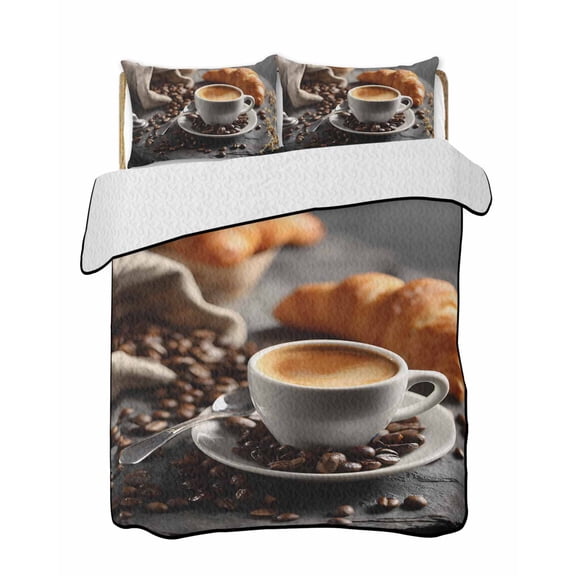 Full Size Quilt Bedding Set, Coffee Beans Reversible Summer Quilt 3 Pieces, Hot Latte Cup Bread Rustic Cafe Time Lightweight Bedspreads Coverlets with 2 Pillow Shams for All Seasons