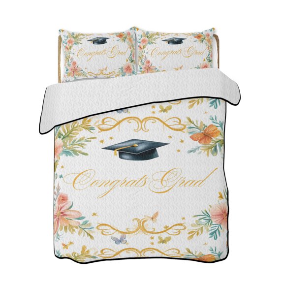 Full Size Quilt Bedding Set, Congratulations Graduations Reversible Summer Quilt 3 Pieces, Farmhouse Botanical Flowers Lightweight Bedspreads Coverlets with 2 Pillow Shams for All Seasons