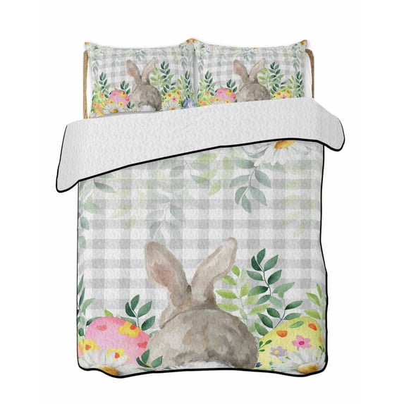 Full Size Quilt Bedding Set, Easter Bunnies Reversible Summer Quilt 3 Pieces, Spring Eucalyptus Easter Eggs Gray Plaid Lightweight Bedspreads Coverlets with 2 Pillow Shams for All Seasons