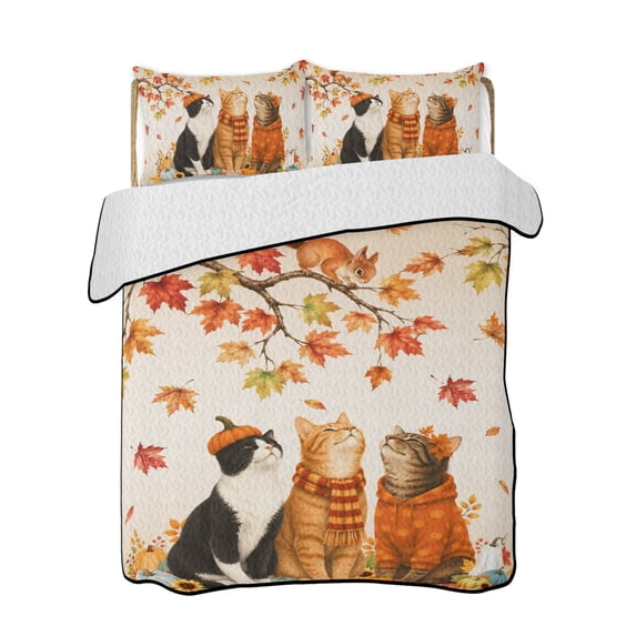 Full Size Quilt Bedding Set, Fall Cat Reversible Summer Quilt 3 Pieces, Thanksgiving Autumn Harvest Pumpkins Leaves Orange Lightweight Bedspreads Coverlets with 2 Pillow Shams for All Seasons