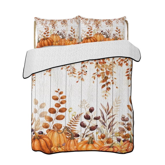 Full Size Quilt Bedding Set, Fall Orange Pumpkins Reversible Summer Quilt 3 Pieces, Thanksgiving Autumn Leaf Wood Grain Lightweight Bedspreads Coverlets with 2 Pillow Shams for All Seasons