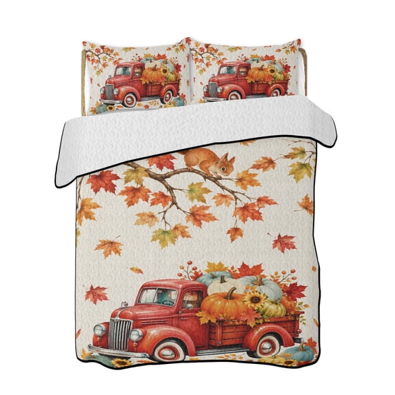 Full Size Quilt Bedding Set, Fall Red Truck Reversible Summer Quilt 3 Pieces, Thanksgiving Autumn Harvest Rustic Pumpkins Lightweight Bedspreads Coverlets with 2 Pillow Shams for All Seasons