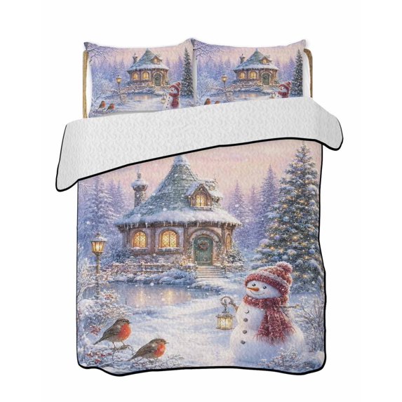 Full Size Quilt Bedding Set, Farmhouse Christmas Snowman Reversible Summer Quilt 3 Pieces, Xmas Tree Snowflake Lightweight Bedspreads Coverlets with 2 Pillow Shams for All Seasons