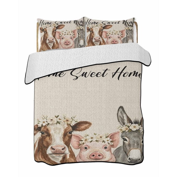 Full Size Quilt Bedding Set, Farmhouse Pig Cattle Donkey Reversible Summer Quilt 3 Pieces, Spring Flowers Rustic Animals Lightweight Bedspreads Coverlets with 2 Pillow Shams for All Seasons