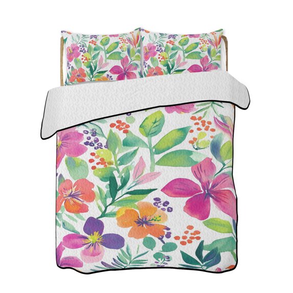 Full Size Quilt Bedding Set, Flowers Leaves Reversible Summer Quilt 3 Pieces, Tropical Summer Botanical Watercolor Lightweight Bedspreads Coverlets with 2 Pillow Shams for All Seasons