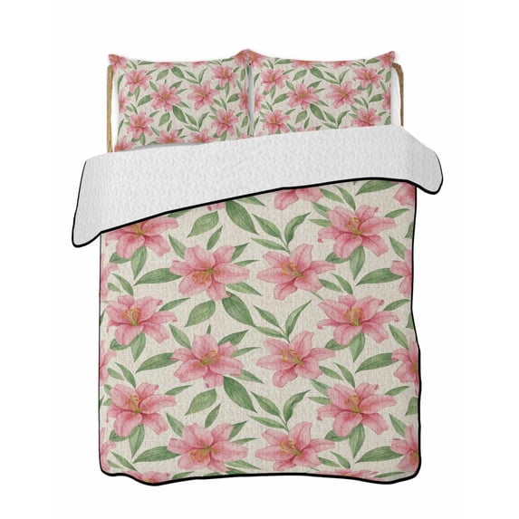 Full Size Quilt Bedding Set, Flowers Reversible Summer Quilt 3 Pieces, Pink Spring Floral Elegant Pastoral Rustic Lightweight Bedspreads Coverlets with 2 Pillow Shams for All Seasons