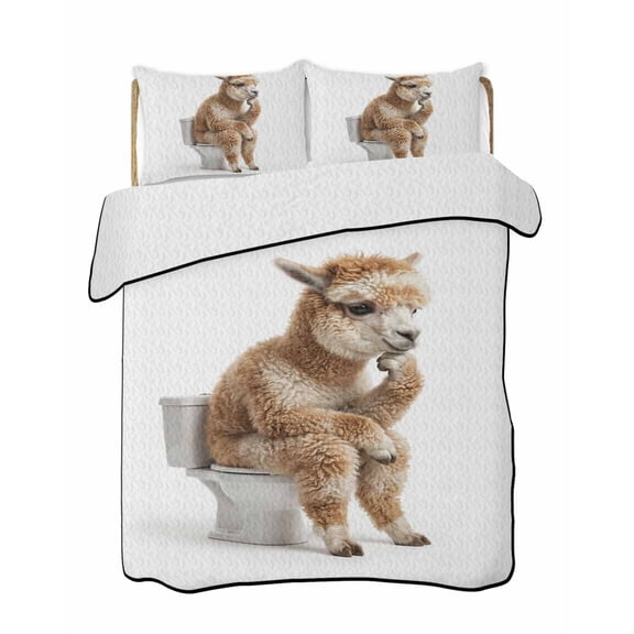 Full Size Quilt Bedding Set, Funny Alpacas Reversible Summer Quilt 3 Pieces, Cute Art Fun Lovely Animals on Toilets Lightweight Bedspreads Coverlets with 2 Pillow Shams for All Seasons