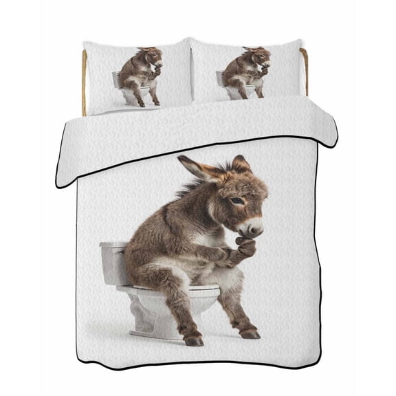 Full Size Quilt Bedding Set, Funny Donkeys Reversible Summer Quilt 3 Pieces, Cute Art Fun Lovely Animals on Toilets Lightweight Bedspreads Coverlets with 2 Pillow Shams for All Seasons