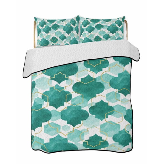 Full Size Quilt Bedding Set, Green Geometric Moroccan Reversible Summer Quilt 3 Pieces, Abstract Art Teal Ombre Modern Lightweight Bedspreads Coverlets with 2 Pillow Shams for All Seasons