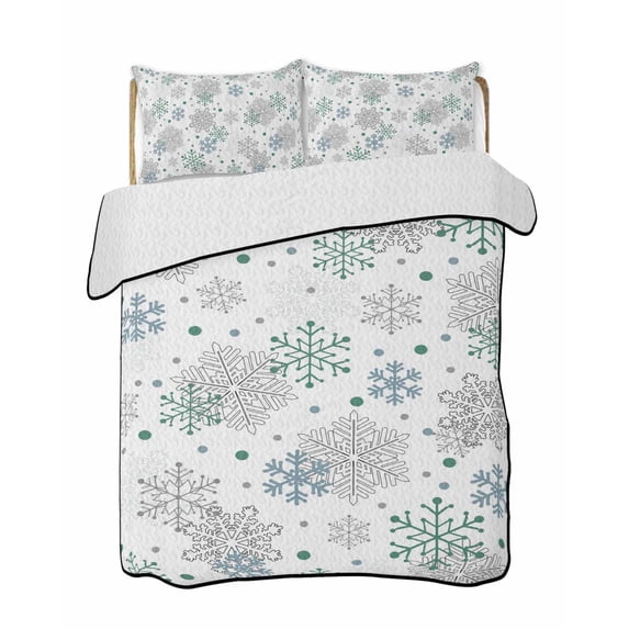 Full Size Quilt Bedding Set, Green Snowflake Christmas Reversible Summer Quilt 3 Pieces, Xmas Snowflake Lightweight Bedspreads Coverlets with 2 Pillow Shams for All Seasons