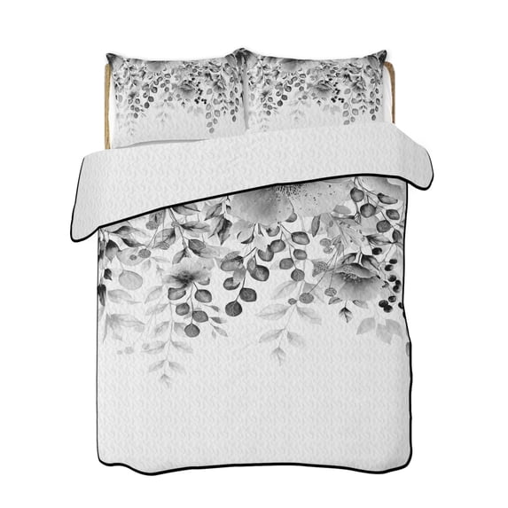 Full Size Quilt Bedding Set, Grey Tulip Eucalyptus Reversible Summer Quilt 3 Pieces, Spring Summer Botanical Floral Chic Lightweight Bedspreads Coverlets with 2 Pillow Shams for All Seasons