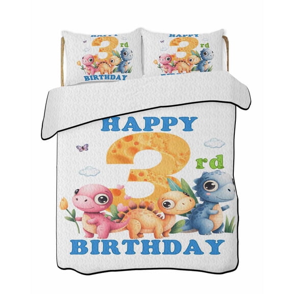 Full Size Quilt Bedding Set, Happy 3rd Birthday Reversible Summer Quilt 3 Pieces, Cartoon Cute Pink Yellow Blue Dinosaurs Floral Lightweight Bedspreads Coverlets with 2 Pillow Shams for All Seasons
