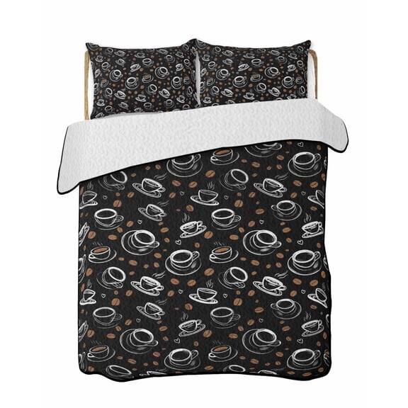 Full Size Quilt Bedding Set, Leisure Coffee Reversible Summer Quilt 3 Pieces, Vintage Country Coffee Cups Beans Black Lightweight Bedspreads Coverlets with 2 Pillow Shams for All Seasons