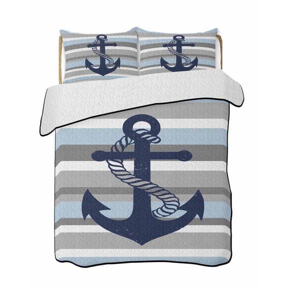 Full Size Quilt Bedding Set, Nautical Anchor Reversible Summer Quilt 3 Pieces, Ocean Grey Blue Stripes Modern Simplistic Lightweight Bedspreads Coverlets with 2 Pillow Shams for All Seasons