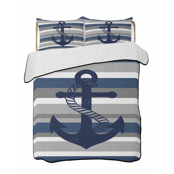 Full Size Quilt Bedding Set, Nautical Anchor Reversible Summer Quilt 3 Pieces, Ocean Navy Blue Stripes Simple Lines Lightweight Bedspreads Coverlets with 2 Pillow Shams for All Seasons