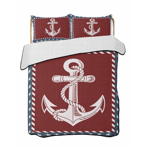Full Size Quilt Bedding Set, Nautical Anchor Reversible Summer Quilt 3 Pieces, Red Navy Blue Coastal Stars Ocean Lightweight Bedspreads Coverlets with 2 Pillow Shams for All Seasons