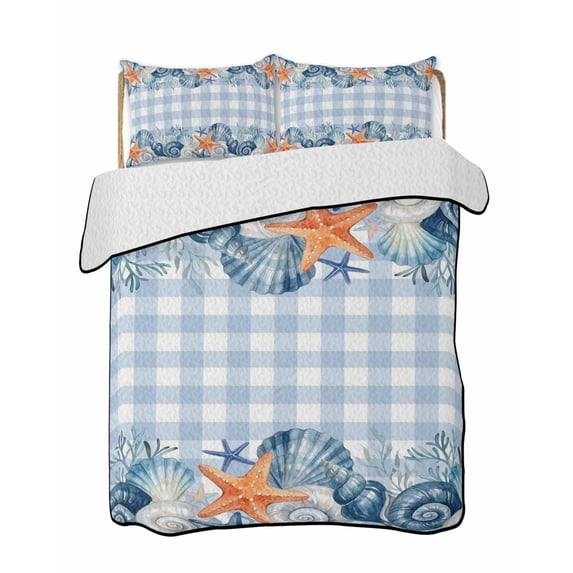 Full Size Quilt Bedding Set, Nautical Coastal Reversible Summer Quilt 3 Pieces, Ocean Starfish Shells Coral Conch Blue Plaid Lightweight Bedspreads Coverlets with 2 Pillow Shams for All Seasons