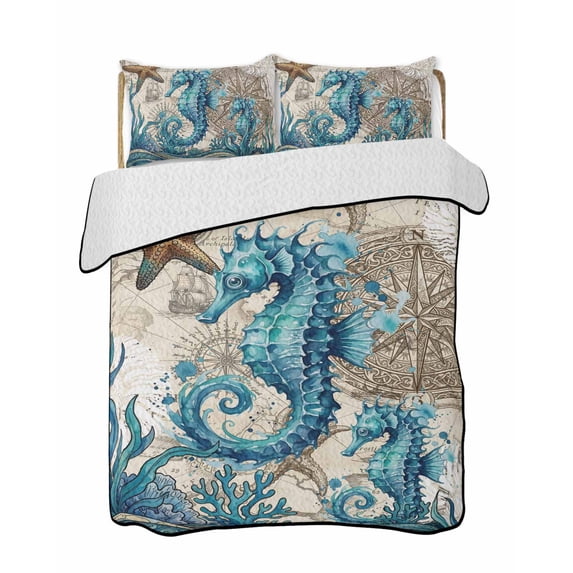 Full Size Quilt Bedding Set, Nautical Coastal Reversible Summer Quilt 3 Pieces, Retro Marine Life Seahorse Compass Map Beige Lightweight Bedspreads Coverlets with 2 Pillow Shams for All Seasons
