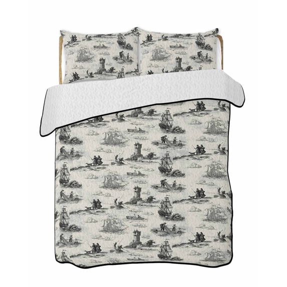 Full Size Quilt Bedding Set, Nautical Lighthouse Reversible Summer Quilt 3 Pieces, Farmhouse Retro Ocean Ship Map Lightweight Bedspreads Coverlets with 2 Pillow Shams for All Seasons