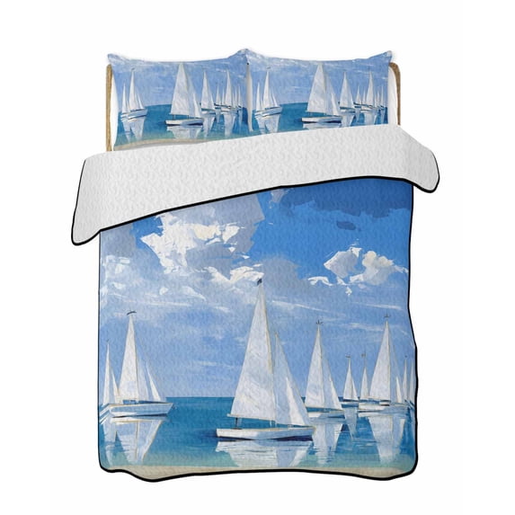 Full Size Quilt Bedding Set, Nautical Sailboat Reversible Summer Quilt 3 Pieces, Summer Coastal Boat Painting Art Sky Blue Lightweight Bedspreads Coverlets with 2 Pillow Shams for All Seasons