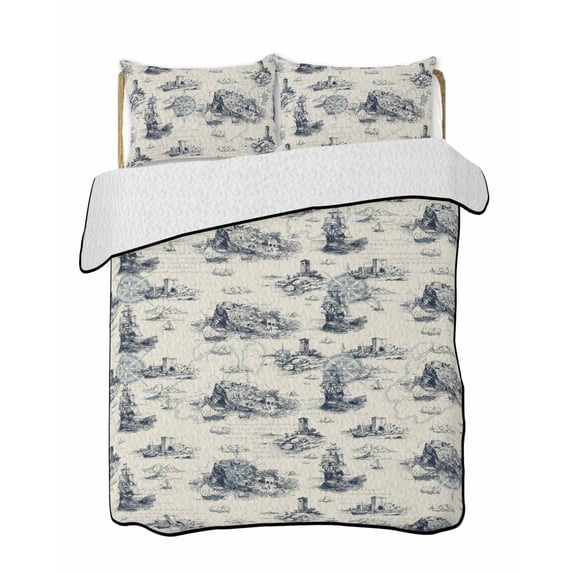 Full Size Quilt Bedding Set, Nautical Ship Reversible Summer Quilt 3 Pieces, Retro Coastal Ocean Lighthouse Mountain Map Lightweight Bedspreads Coverlets with 2 Pillow Shams for All Seasons