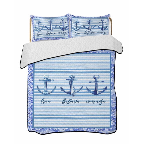 Full Size Quilt Bedding Set, Ocean Archor Reversible Summer Quilt 3 Pieces, Summer Rustic Nautical Coastal Beach Blue Stripes Lightweight Bedspreads Coverlets with 2 Pillow Shams for All Seasons