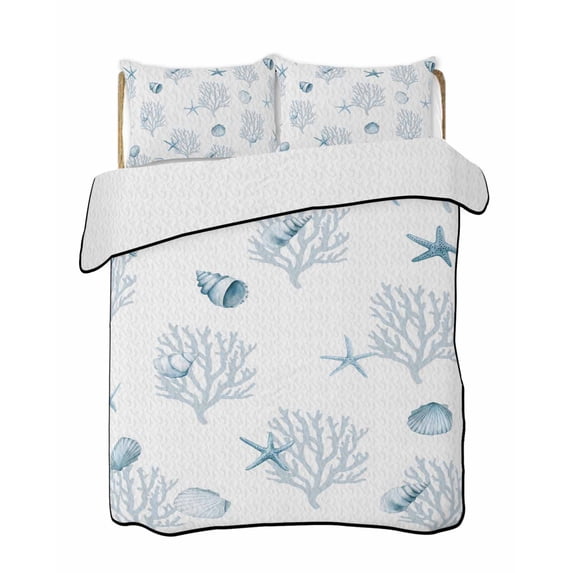 Full Size Quilt Bedding Set, Ocean Blue Coral Reversible Summer Quilt 3 Pieces, Summer Coastal Starfish Conch Nautical Lightweight Bedspreads Coverlets with 2 Pillow Shams for All Seasons