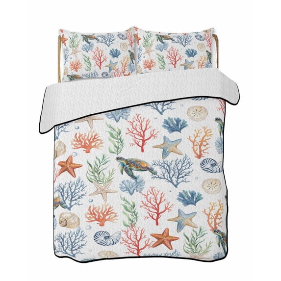Full Size Quilt Bedding Set, Ocean Marine Creature Reversible Summer Quilt 3 Pieces, Watercolor Sea Turtle Starfish Coral Lightweight Bedspreads Coverlets with 2 Pillow Shams for All Seasons