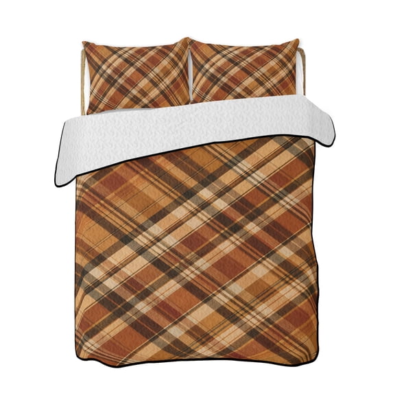 Full Size Quilt Bedding Set, Orange Buffalo Plaid Reversible Summer Quilt 3 Pieces, Fall Thanksgiving Checkered Lightweight Bedspreads Coverlets with 2 Pillow Shams for All Seasons