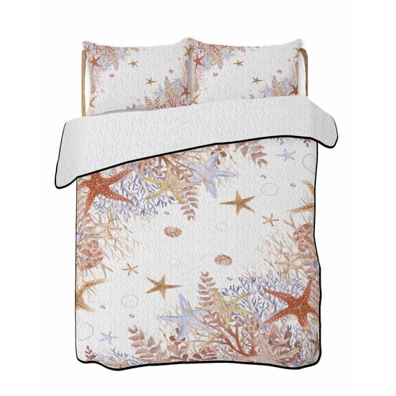Full Size Quilt Bedding Set, Orange Coastal Reversible Summer Quilt 3 Pieces, Beach Nautical Coral Starfish Summer Lightweight Bedspreads Coverlets with 2 Pillow Shams for All Seasons