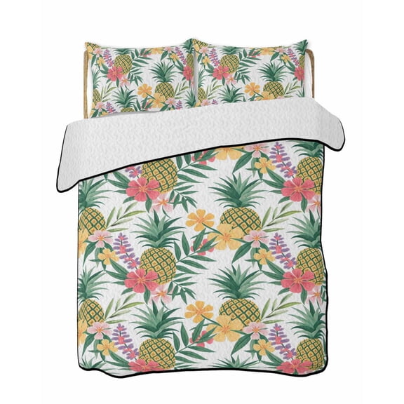 Full Size Quilt Bedding Set, Pineapple Reversible Summer Quilt 3 Pieces, Summer Nature Tropical Fruit Flowers Leaves Lightweight Bedspreads Coverlets with 2 Pillow Shams for All Seasons