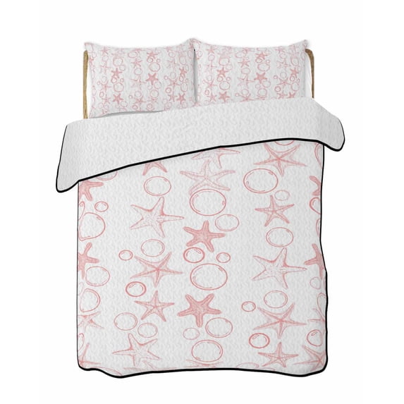 Full Size Quilt Bedding Set, Pink Coastal Reversible Summer Quilt 3 Pieces, Starfish Nautical Ocean Sea Wooden Lightweight Bedspreads Coverlets with 2 Pillow Shams for All Seasons