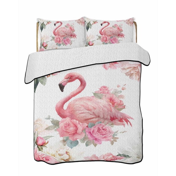 Full Size Quilt Bedding Set, Pink Flamingo Reversible Summer Quilt 3 Pieces, Watercolor Flowers Spring Floral Leaf Plant Lightweight Bedspreads Coverlets with 2 Pillow Shams for All Seasons