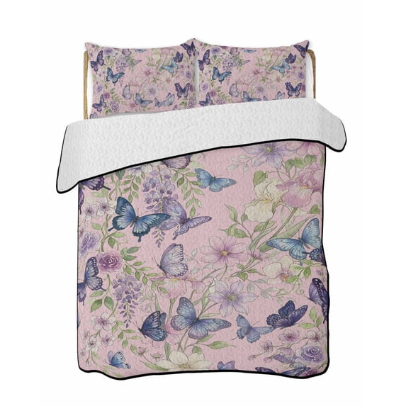 Full Size Quilt Bedding Set, Pink Flowers Reversible Summer Quilt 3 Pieces, Spring Floral Purple Butterflies Farmhouse Lightweight Bedspreads Coverlets with 2 Pillow Shams for All Seasons