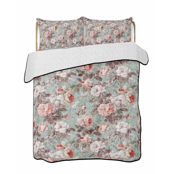 Full Size Quilt Bedding Set, Pink Green Spring Floral Reversible Summer Quilt 3 Pieces, Vintage Botanical Summer Lightweight Bedspreads Coverlets with 2 Pillow Shams for All Seasons