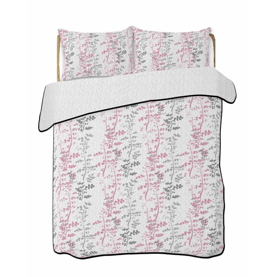 Full Size Quilt Bedding Set, Pink Grey Botanical Reversible Summer Quilt 3 Pieces, Spring Floral Summer Farmhouse Lightweight Bedspreads Coverlets with 2 Pillow Shams for All Seasons