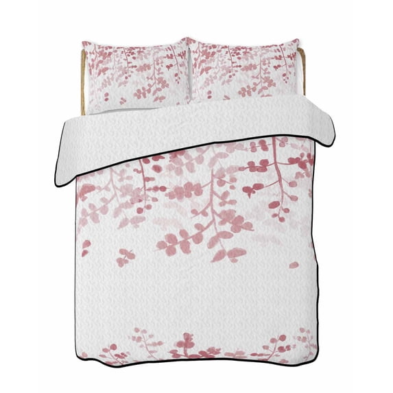 Full Size Quilt Bedding Set, Pink Leaves Reversible Summer Quilt 3 Pieces, Summer Botanical Lightweight Bedspreads Coverlets with 2 Pillow Shams for All Seasons