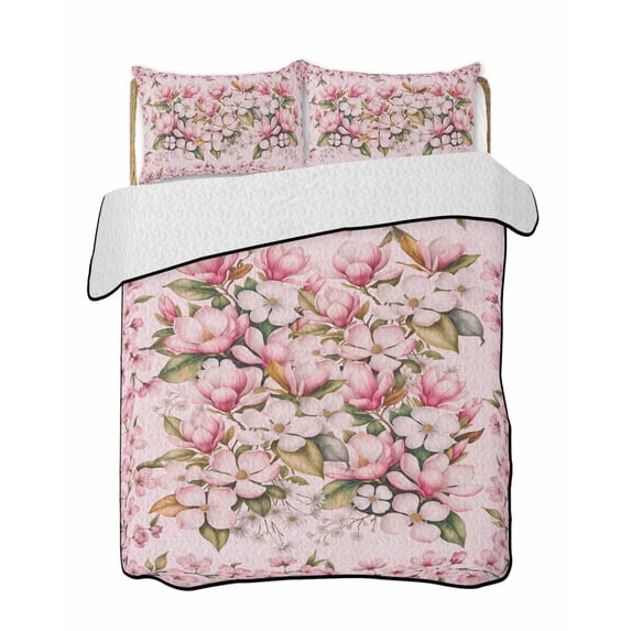 Full Size Quilt Bedding Set, Pink Orchid Reversible Summer Quilt 3 Pieces, Spring Floral Flowers Leaves Botanical Lightweight Bedspreads Coverlets with 2 Pillow Shams for All Seasons
