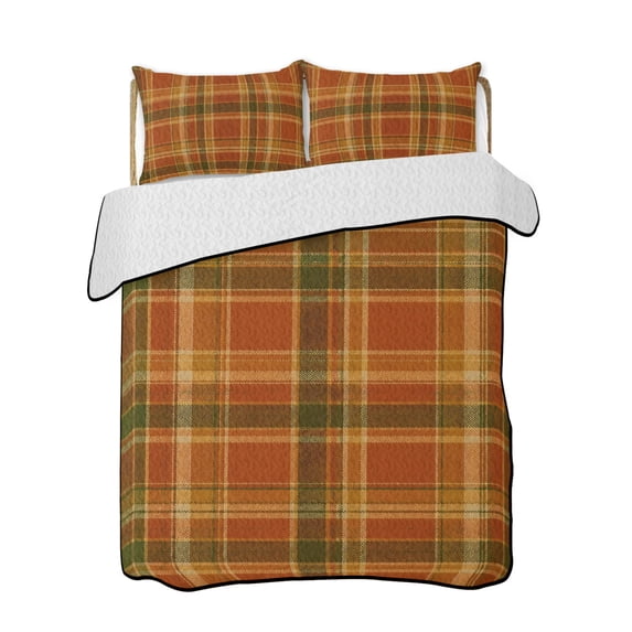 Full Size Quilt Bedding Set, Plaid Fall Reversible Summer Quilt 3 Pieces, Thanksgiving Orange Brown Autumn Farmhouse Harvest Lightweight Bedspreads Coverlets with 2 Pillow Shams for All Seasons