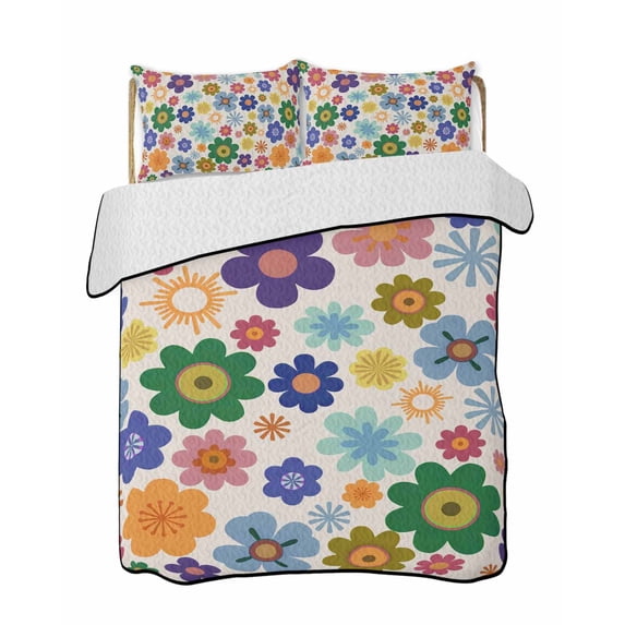 Full Size Quilt Bedding Set, Retro Bohemia Floral Reversible Summer Quilt 3 Pieces, Blue Purple Flowers Boho Style Beige Lightweight Bedspreads Coverlets with 2 Pillow Shams for All Seasons