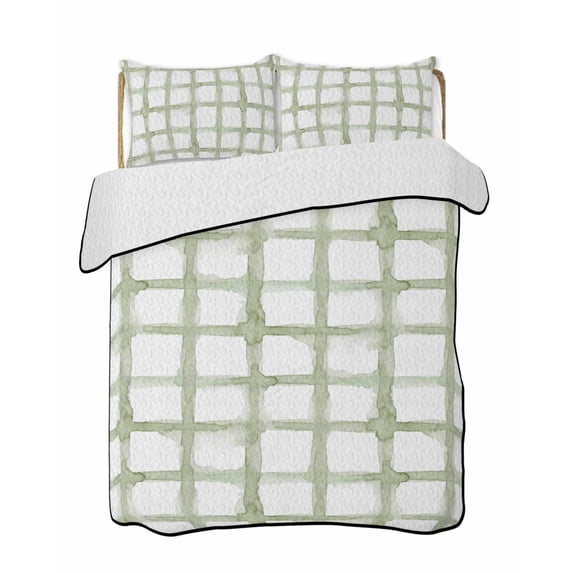 Full Size Quilt Bedding Set, Sage Green Buffalo Plaid Reversible Summer Quilt 3 Pieces, Farmhouse Check Stripes Geometric Lightweight Bedspreads Coverlets with 2 Pillow Shams for All Seasons