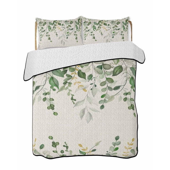 Full Size Quilt Bedding Set, Sage Green Eucalyptus Reversible Summer Quilt 3 Pieces, Farmhouse Weeping Leaves Linen Lightweight Bedspreads Coverlets with 2 Pillow Shams for All Seasons