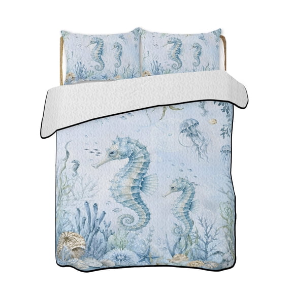 Full Size Quilt Bedding Set, Seahorse Coastal Reversible Summer Quilt 3 Pieces, Nautical Seaside Coral Starfish Conch Lightweight Bedspreads Coverlets with 2 Pillow Shams for All Seasons