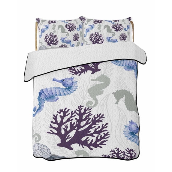 Full Size Quilt Bedding Set, Seahorse Coral Coastal Reversible Summer Quilt 3 Pieces, Nautical Summer Beach Ocean Sea Lightweight Bedspreads Coverlets with 2 Pillow Shams for All Seasons