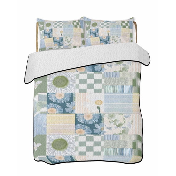 Full Size Quilt Bedding Set, Spring Floral Checkered Reversible Summer Quilt 3 Pieces, Sage Green Daisy Buffalo Plaid Lightweight Bedspreads Coverlets with 2 Pillow Shams for All Seasons