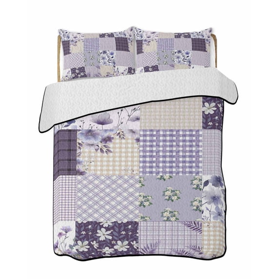 Full Size Quilt Bedding Set, Spring Floral Reversible Summer Quilt 3 Pieces, Dark Purple Flowers Patchwork Grid Bohemia Lightweight Bedspreads Coverlets with 2 Pillow Shams for All Seasons